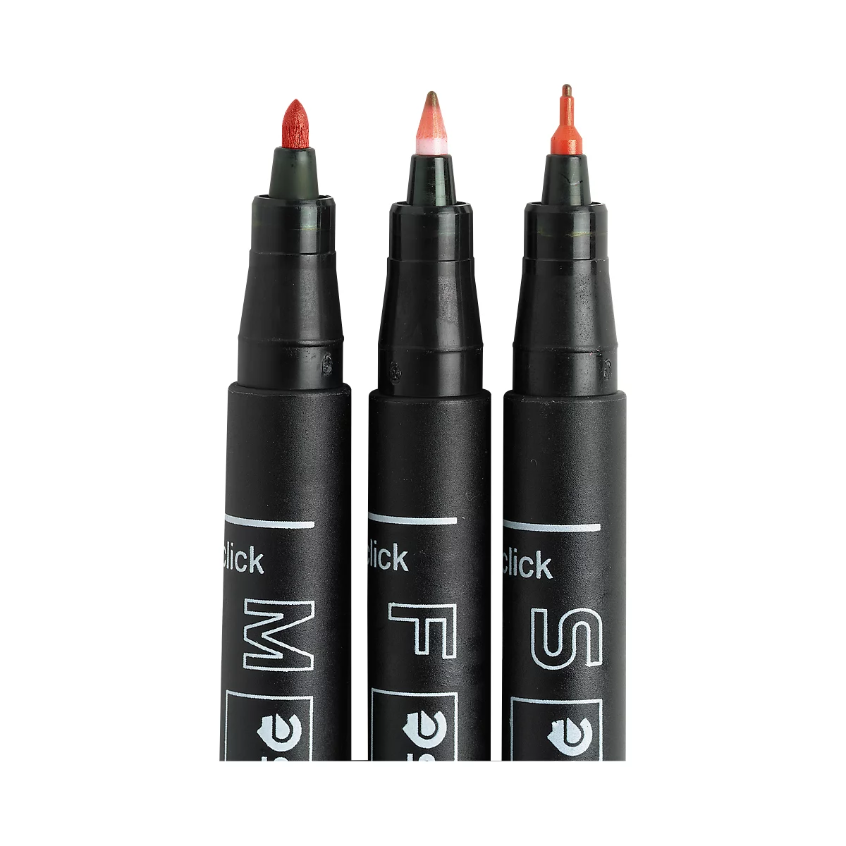 Three black felt-tip pens with red tips. The tips are of different thicknesses.
