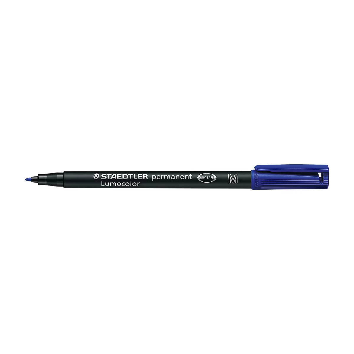 Blue permanent marker with black body. Inscription: STAEDTLER Lumocolor.