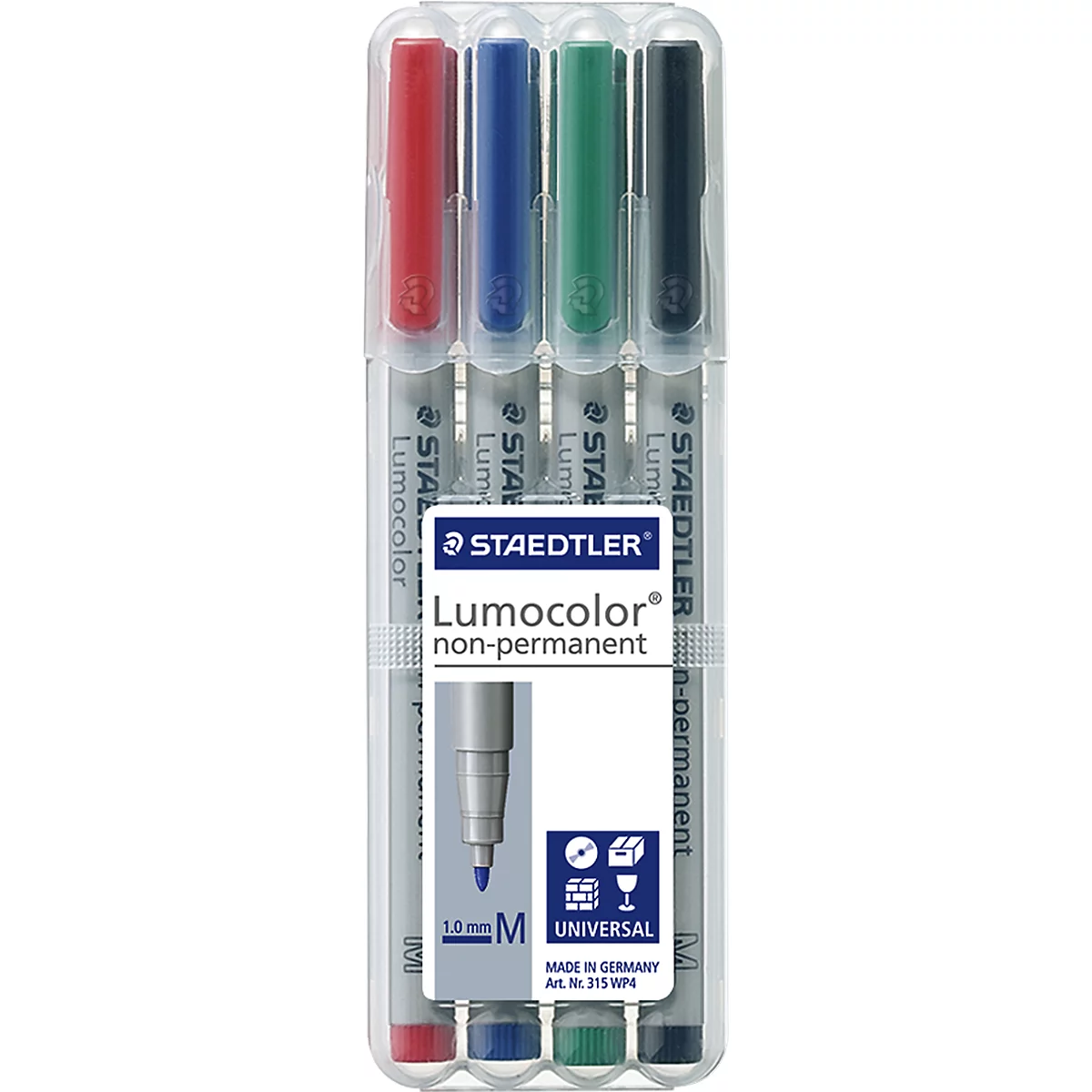 A package of four Staedtler Lumocolor non-permanent markers in red, blue, green, and black.