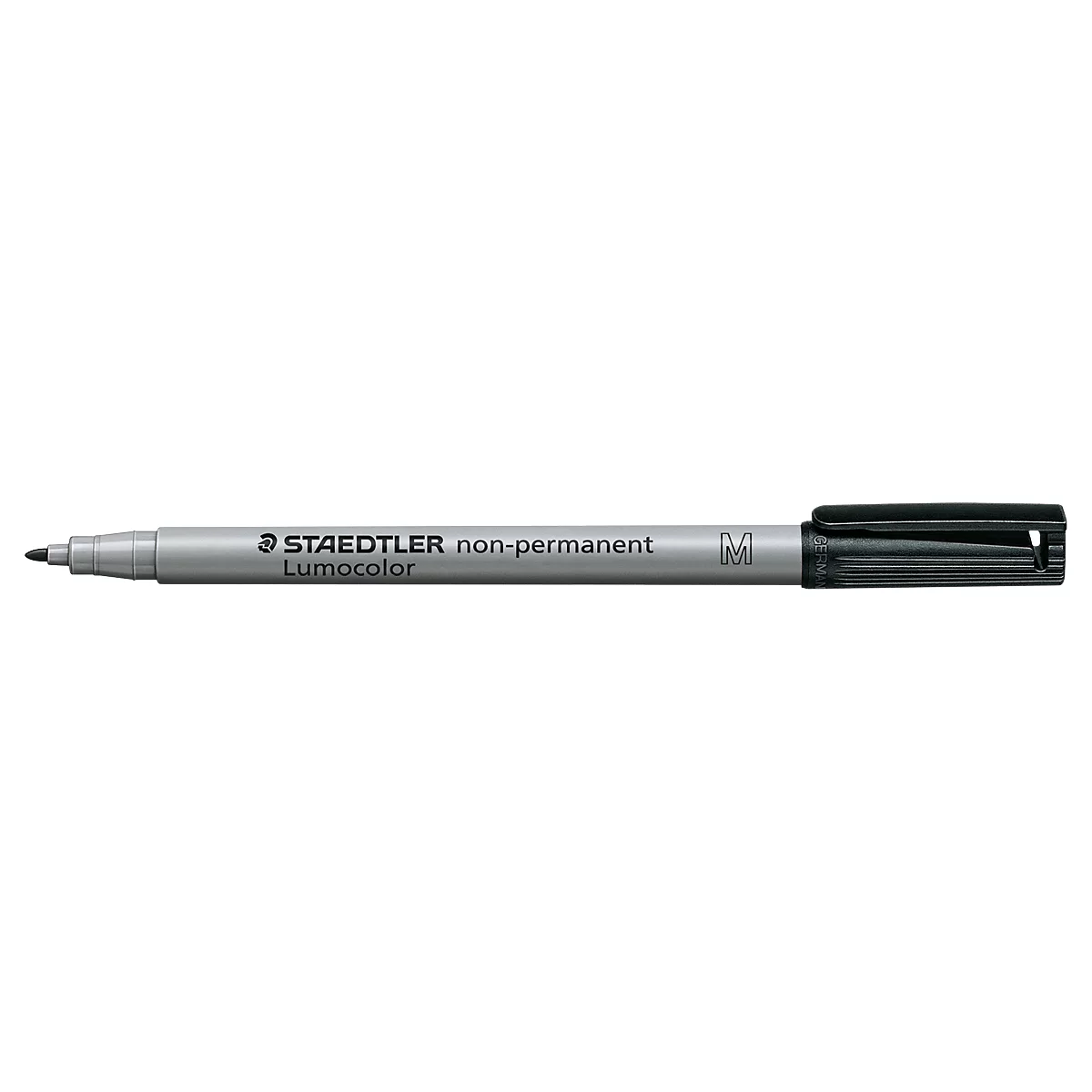 A black pen, Staedtler Lumocolor non-permanent, lies horizontally.
