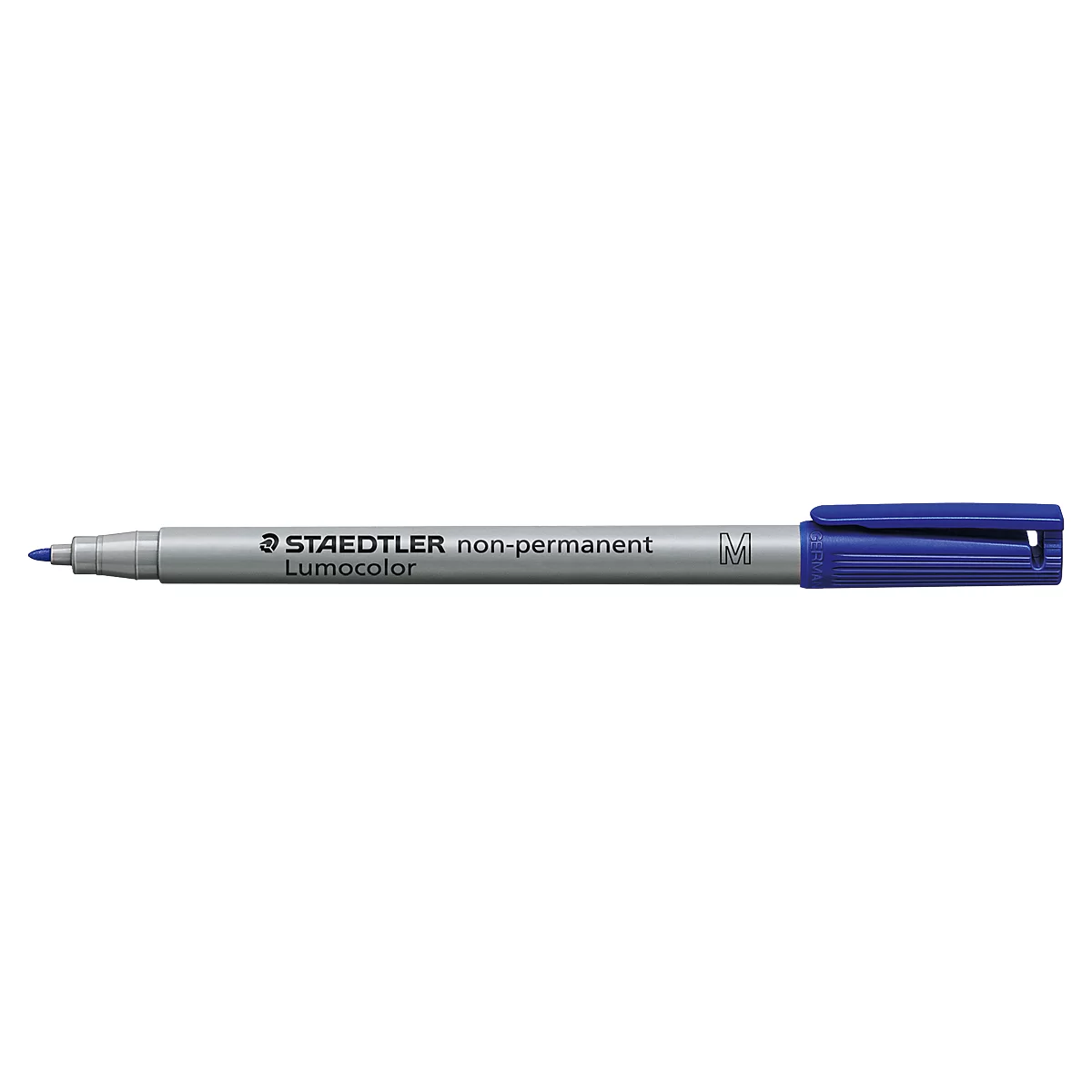 A blue Staedtler Lumocolor non-permanent pen. The pen has a gray tip and a blue cap.