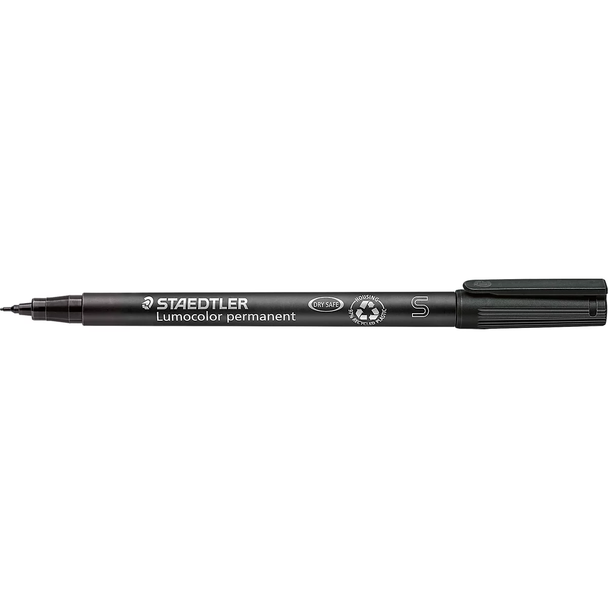 Black permanent marker with black cap, product name: STAEDTLER Lumocolor permanent, line width S.