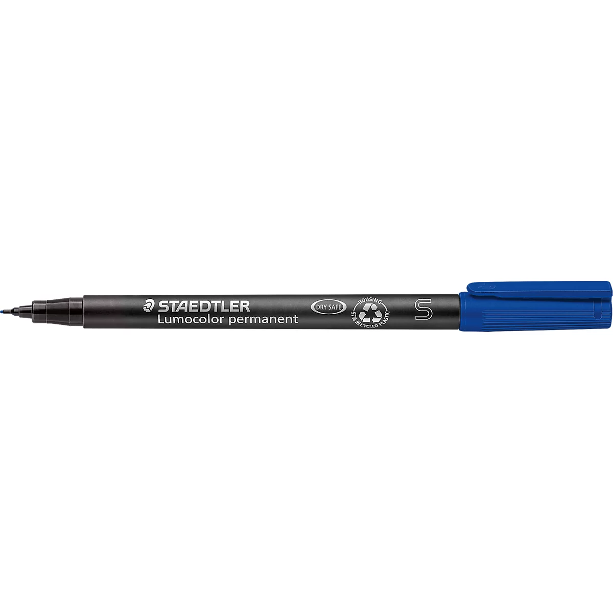 A blue STAEDTLER Lumocolor permanent marker showing the tip and cap area.