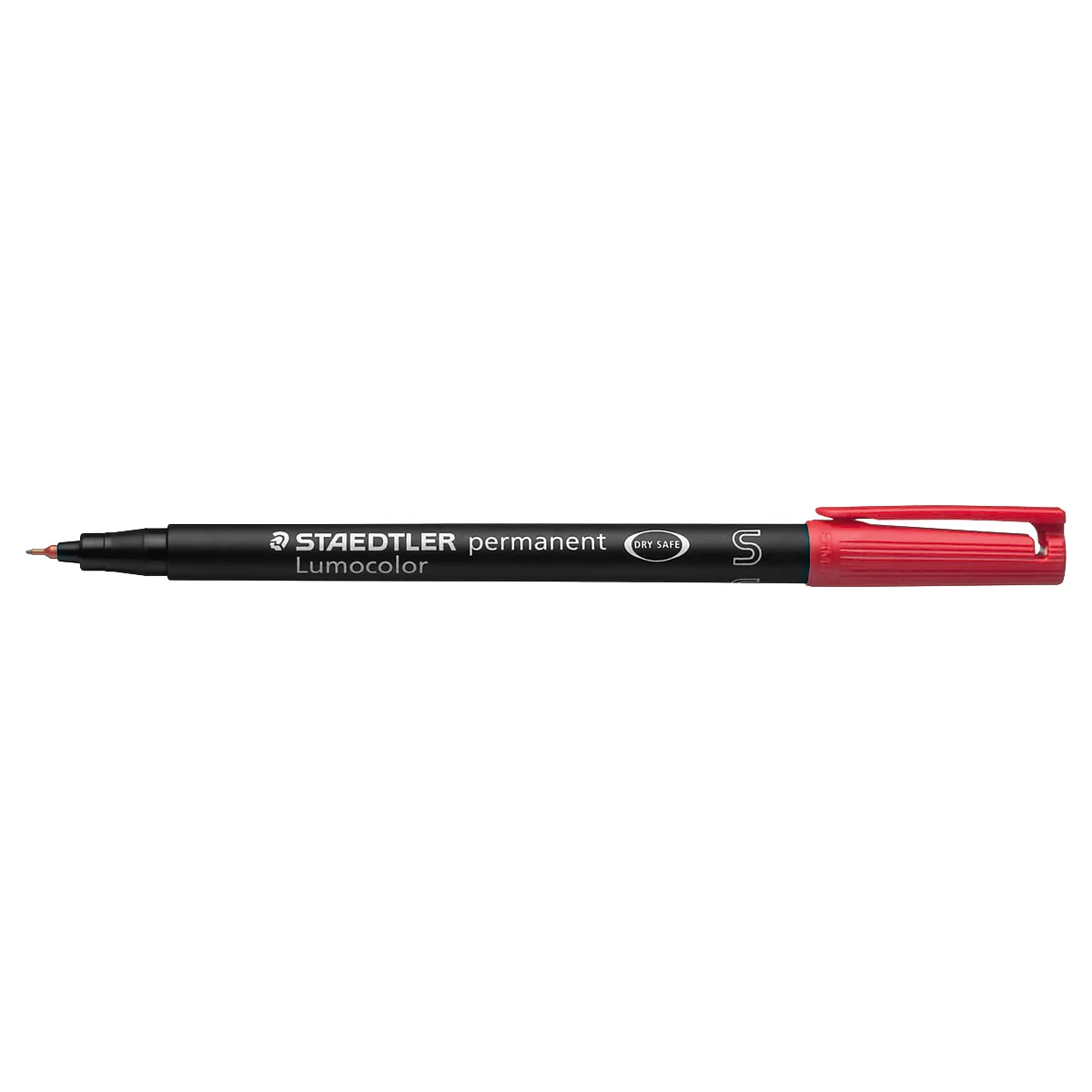 Black marker with red cap. The pen reads "STAEDTLER permanent Lumocolor".