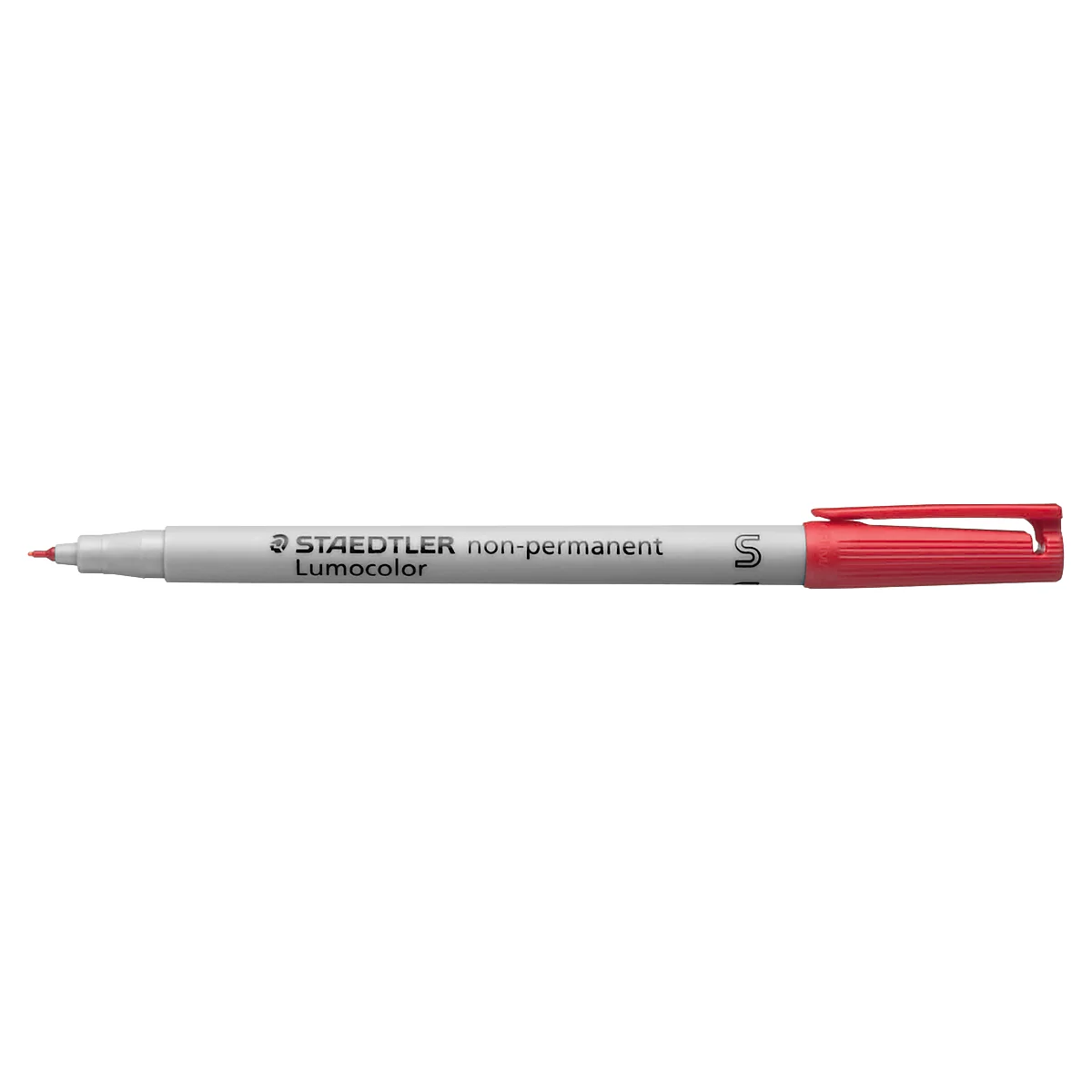 Red marker with a white barrel, reads STAEDTLER Lumocolor non-permanent.