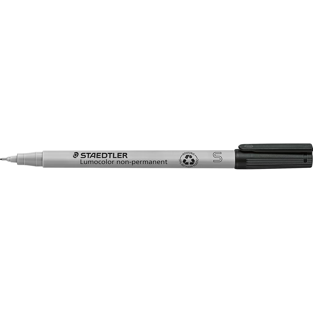 A gray Staedtler Lumocolor pen. The pen says Staedtler Lumocolor non permanent.