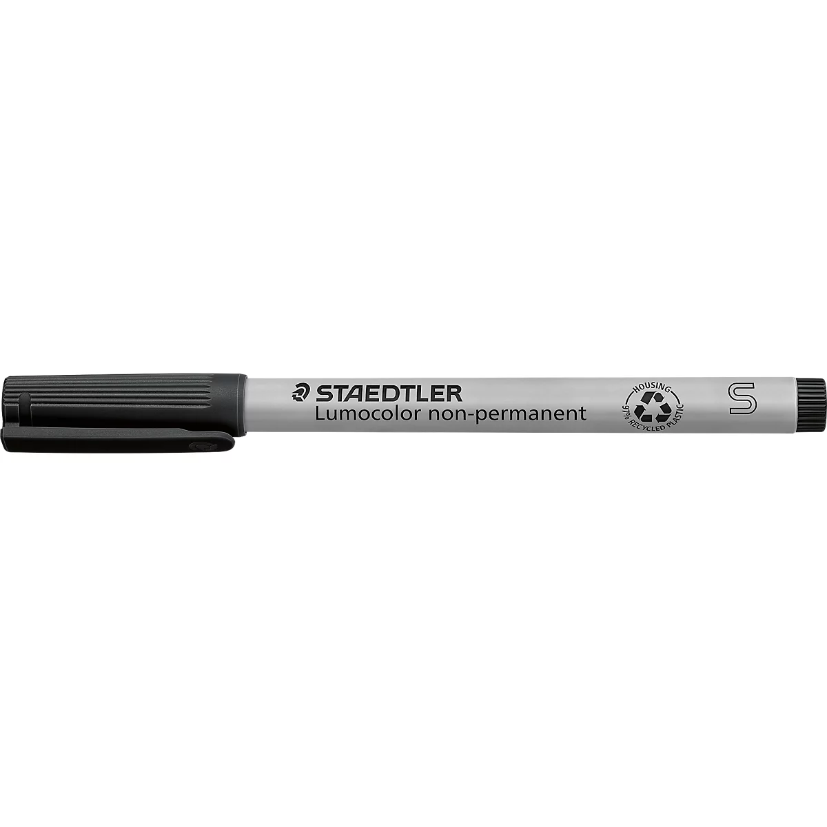 A black STAEDTLER Lumocolor non-permanent marker with a black tip.