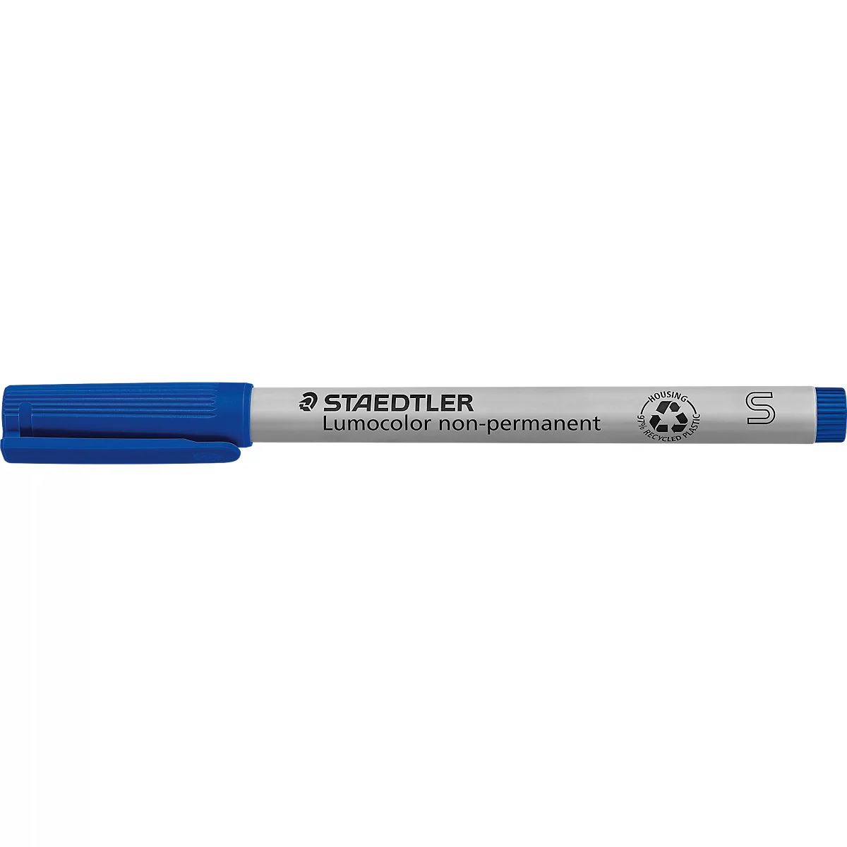 Blue non-permanent Lumocolor felt-tip pen from Staedtler. The pen has a blue cap and a blue writing tip.