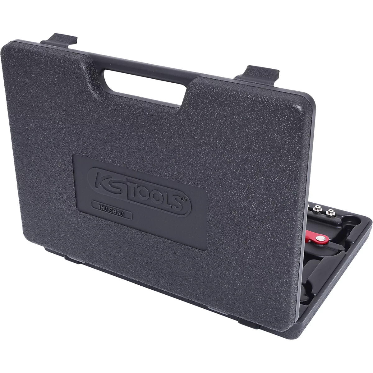 Schwarzer Werkzeugkoffer, halb geöffnet. Auf dem Deckel steht der Schriftzug "KS TOOLS".
