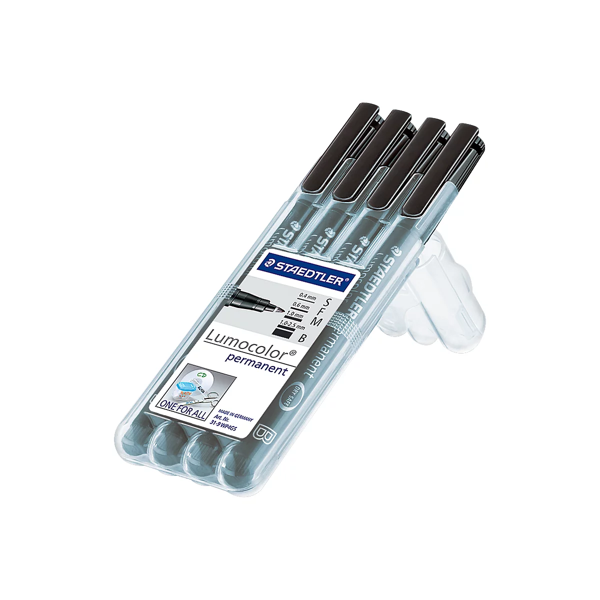 Package of four black Staedtler Lumocolor permanent markers. Markers are in a clear plastic package.