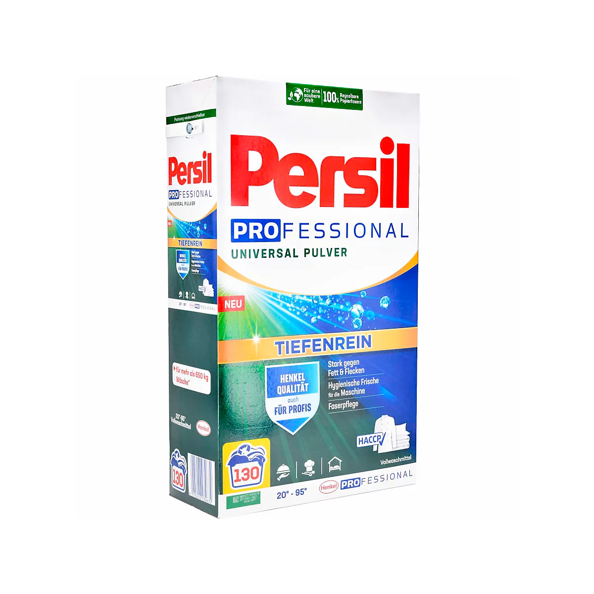 Persil detergent package, white, red and blue. Inscription: Professional Universal Powder, Deep Clean. Henkel quality for professionals.