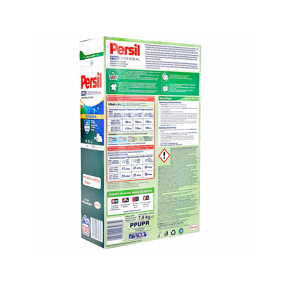 Persil Waschmittelpackung, Rückseite. Text, grüne und weisse Farbtöne dominieren das Design. Warnhinweise und Dosieranleitung sind abgebildet.
