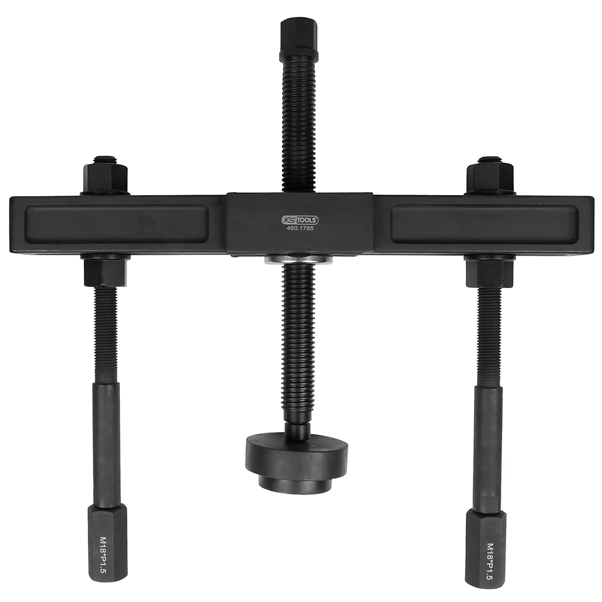 Schwarzer Abzieher für Kfz-Teile. Mit Gewindestangen, Muttern und einem zentralen Gewinde zur Demontage.