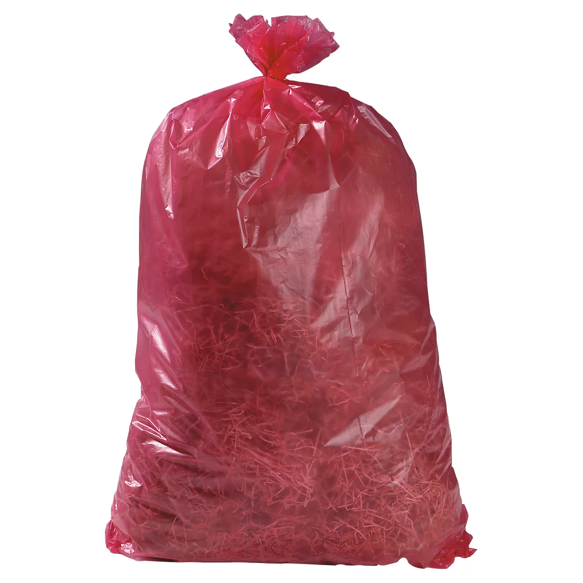 A filled red plastic bag. The bag is tied at the top.