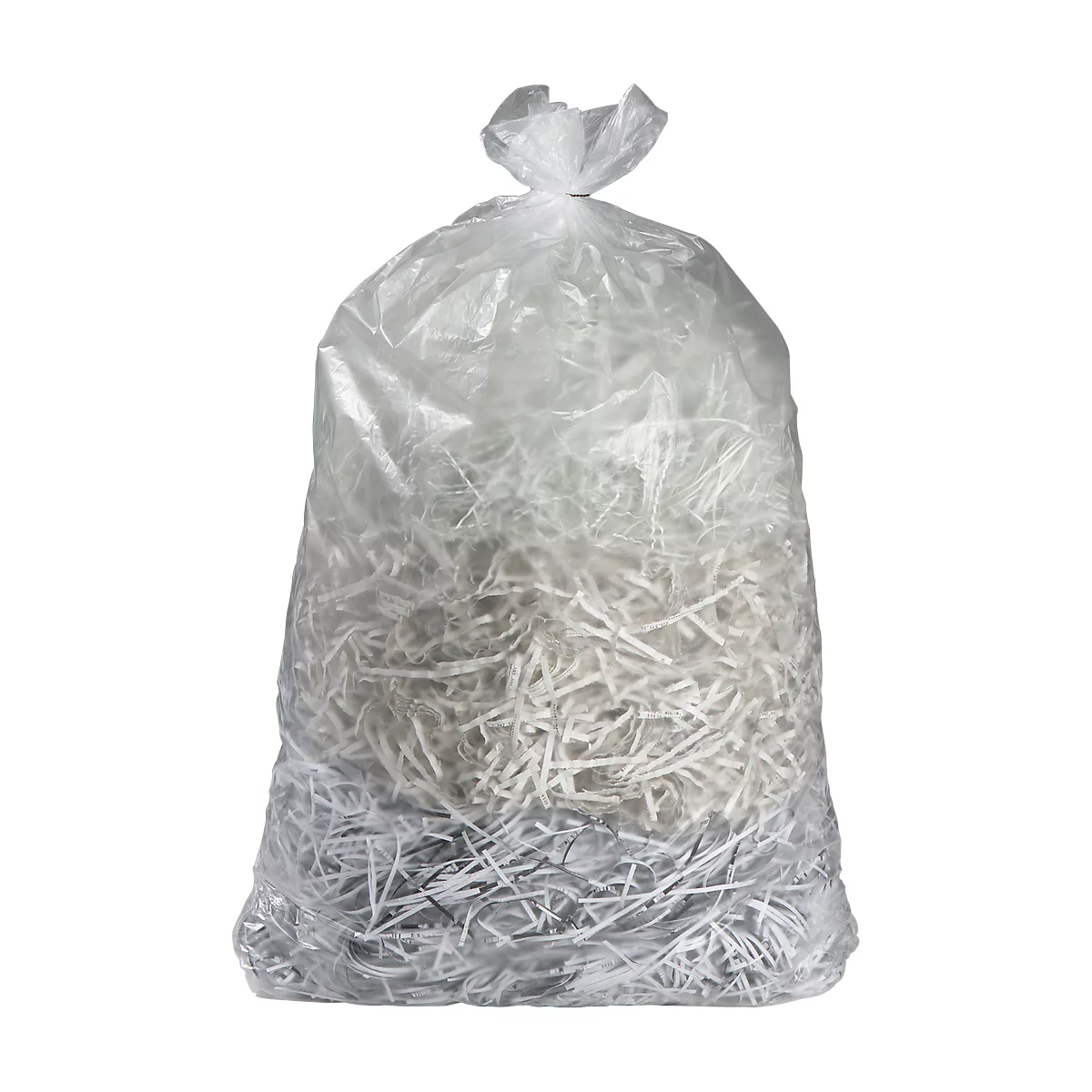 A transparent garbage bag filled with shredded paper.