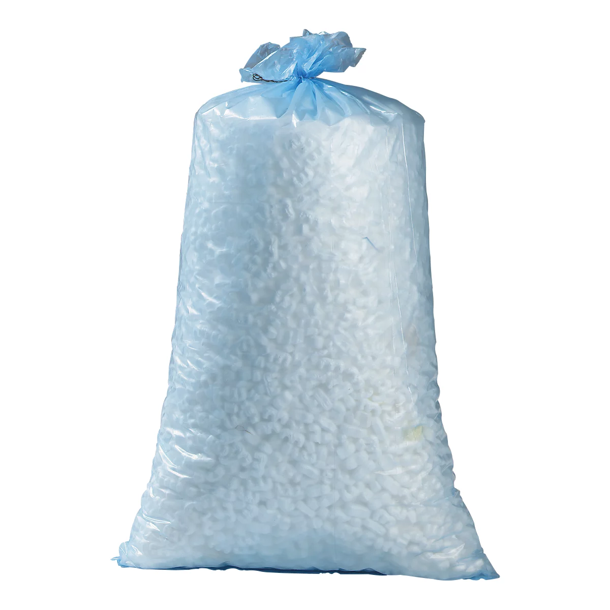 A blue plastic bag filled with white styrofoam pellets. The bag is knotted at the top.