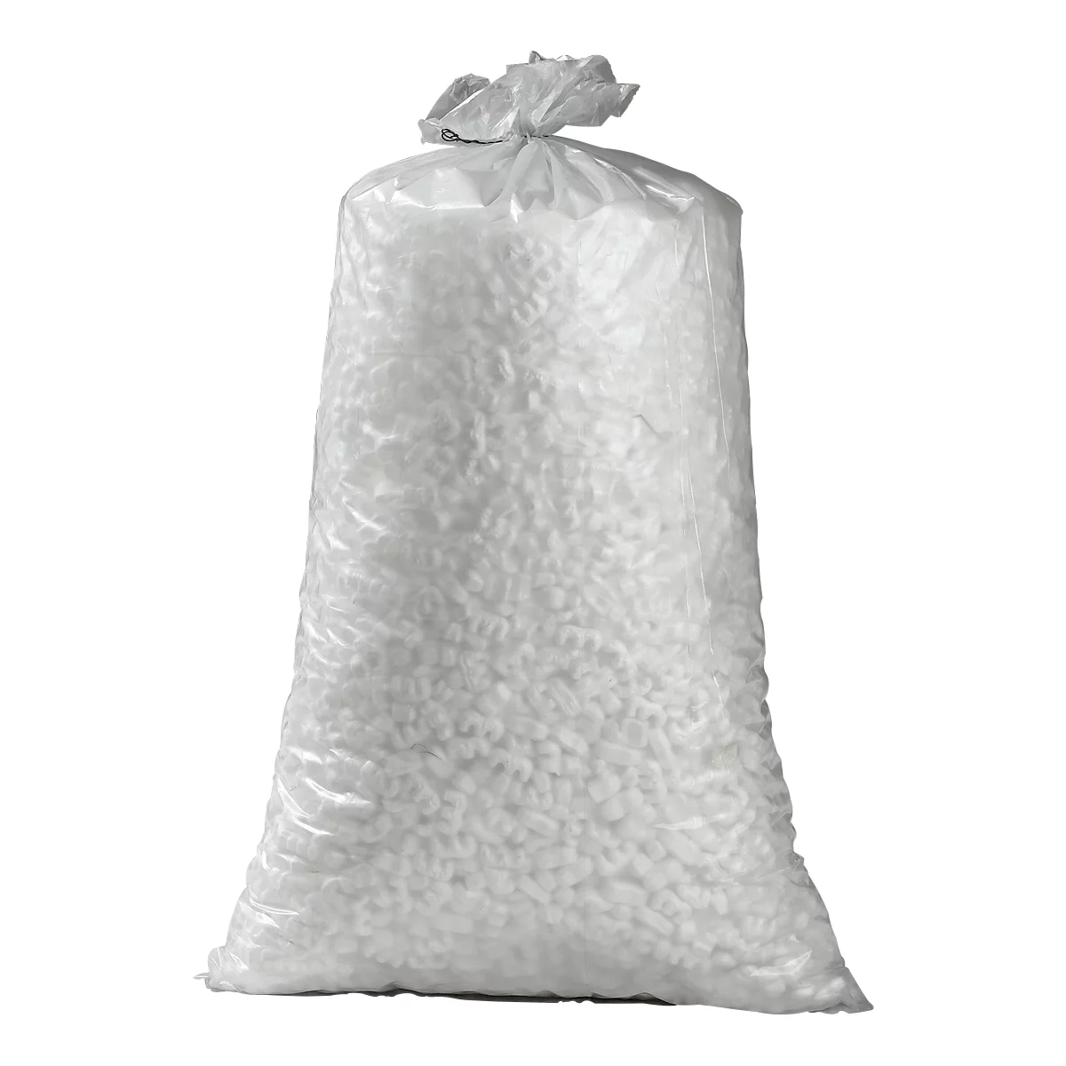 Transparent plastic bag filled with white packing peanuts.