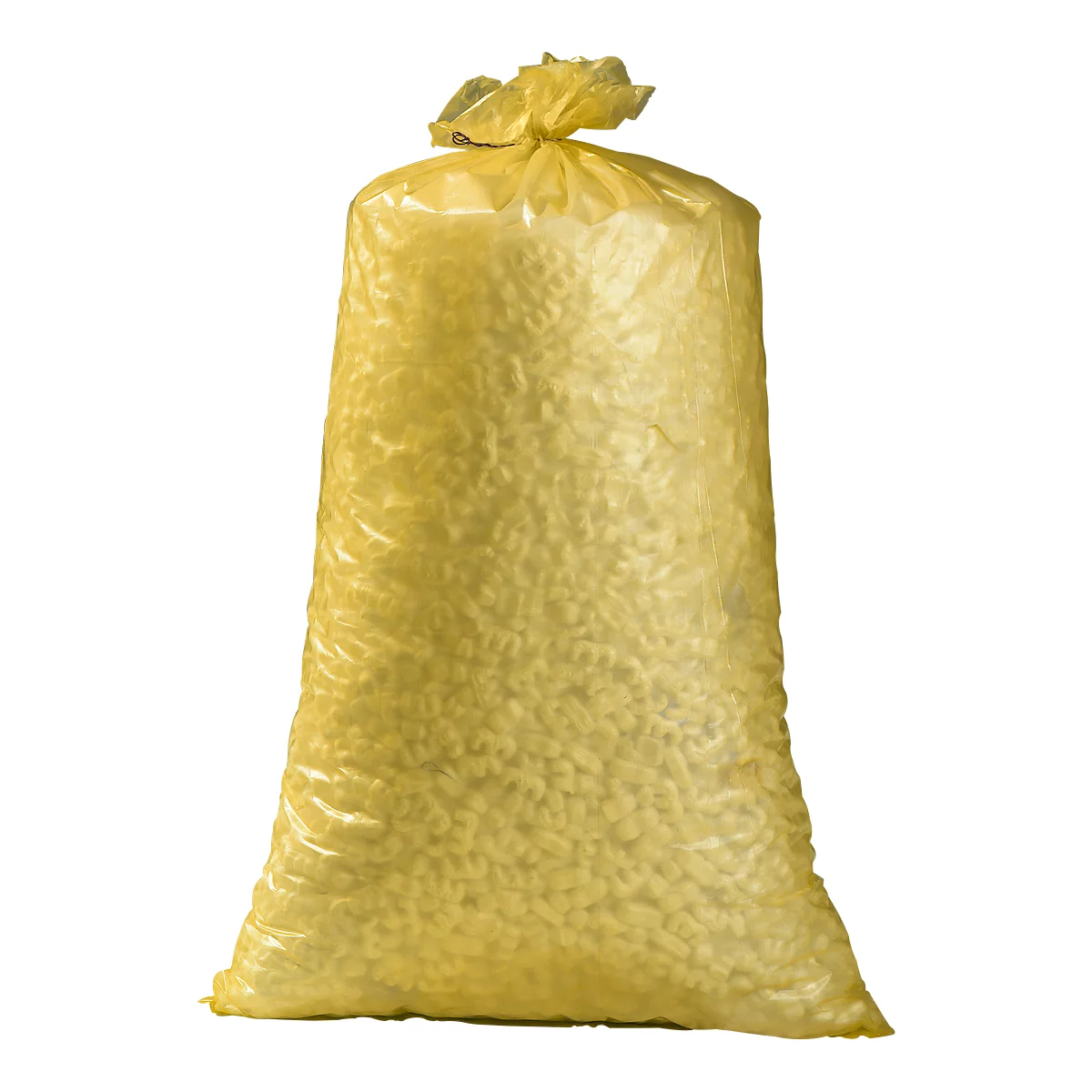 Yellow plastic bag filled with small pellets, tied at the top.