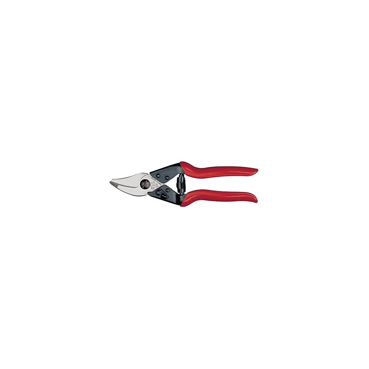 Close-up of red Felco pruning shears. Black metal handles, red coated. Inscription: Felco Swiss Made CP.
