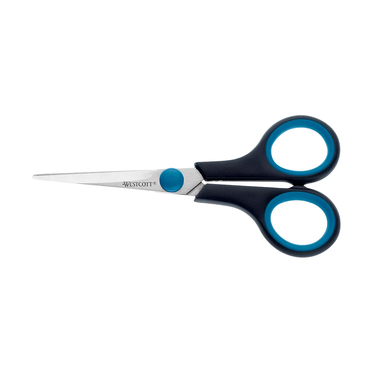 Black scissors with blue handles and silver blades, manufacturer Westcott.