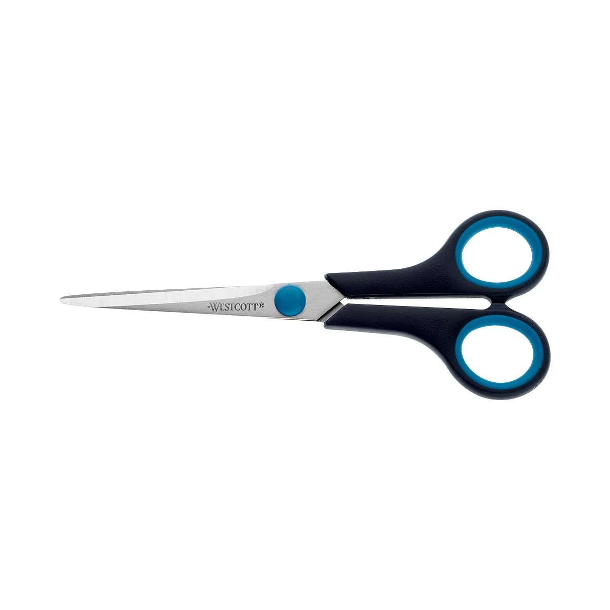 Scissors with black handles, blue-rimmed finger holes, and a silver blade with the text WESTCOTT.