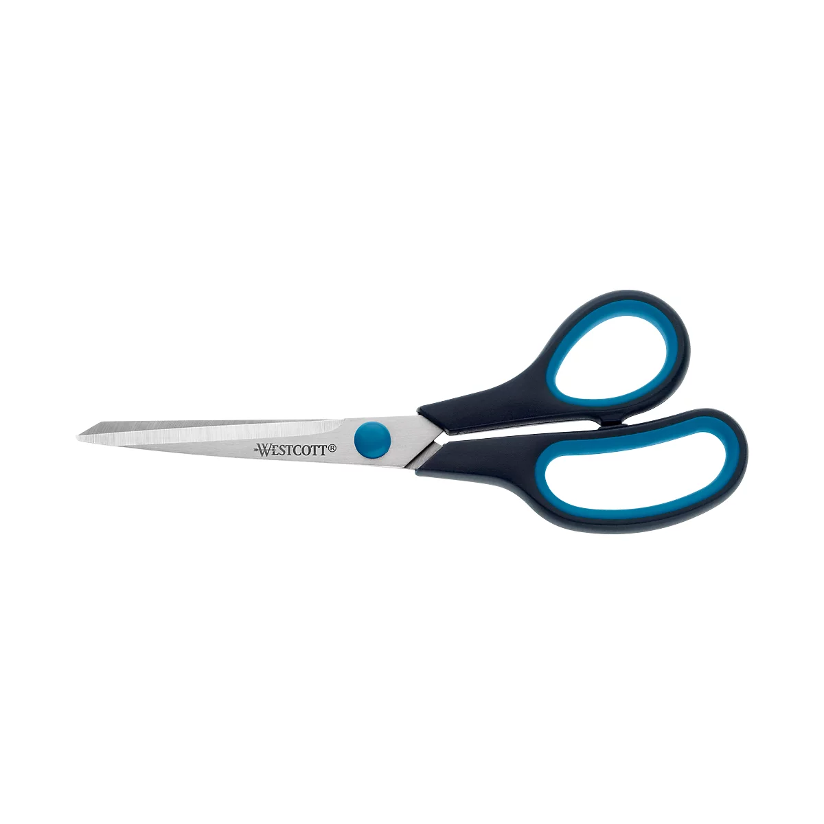 Scissors with black handles and blue accents, metal blades. The blade says "WESTCOTT".