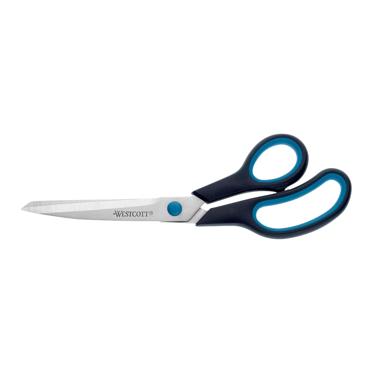 Scissors with black handles and blue accents, on a white background. The blade says "Westcott".