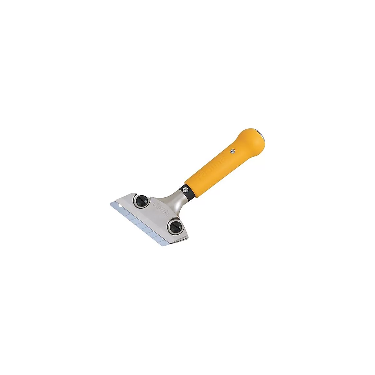 Yellow scraper with metal blade and black handle. The handle has the imprint "TAJIMA".