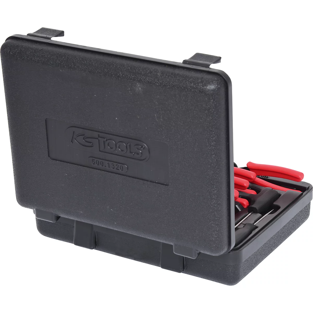 Schwarzer Werkzeugkoffer mit rotem Werkzeug. Der Koffer ist halb geöffnet. Das Logo von KS TOOLS ist sichtbar.