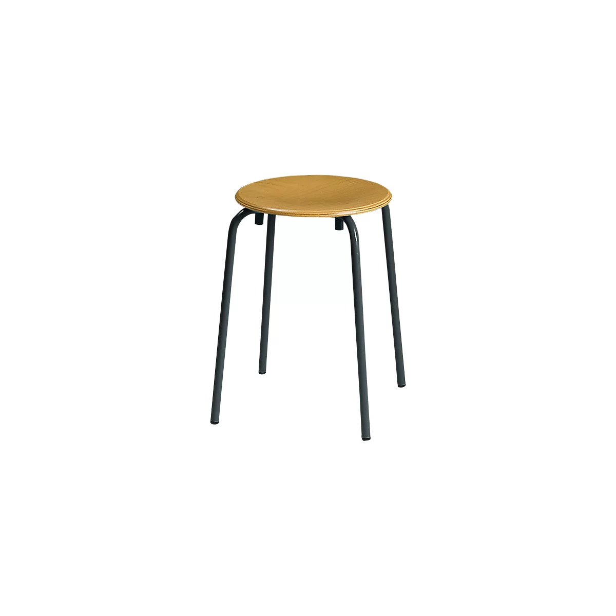 A round stool with a beige seat and dark metal legs. The stool stands on a white background.