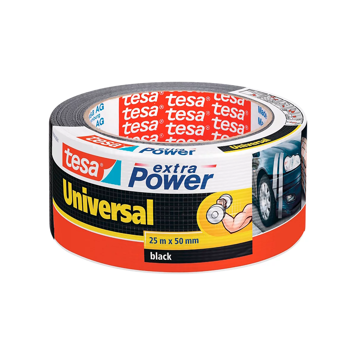 Tesa Extra Power Universal tape. Roll with product information and an image of a car.