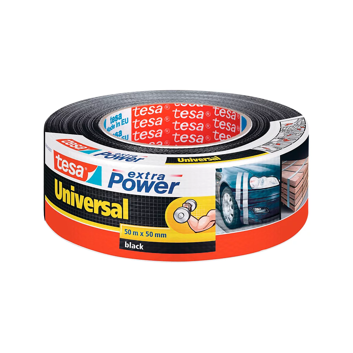 Black Tesa tape. "Extra Power Universal" label and examples of uses.