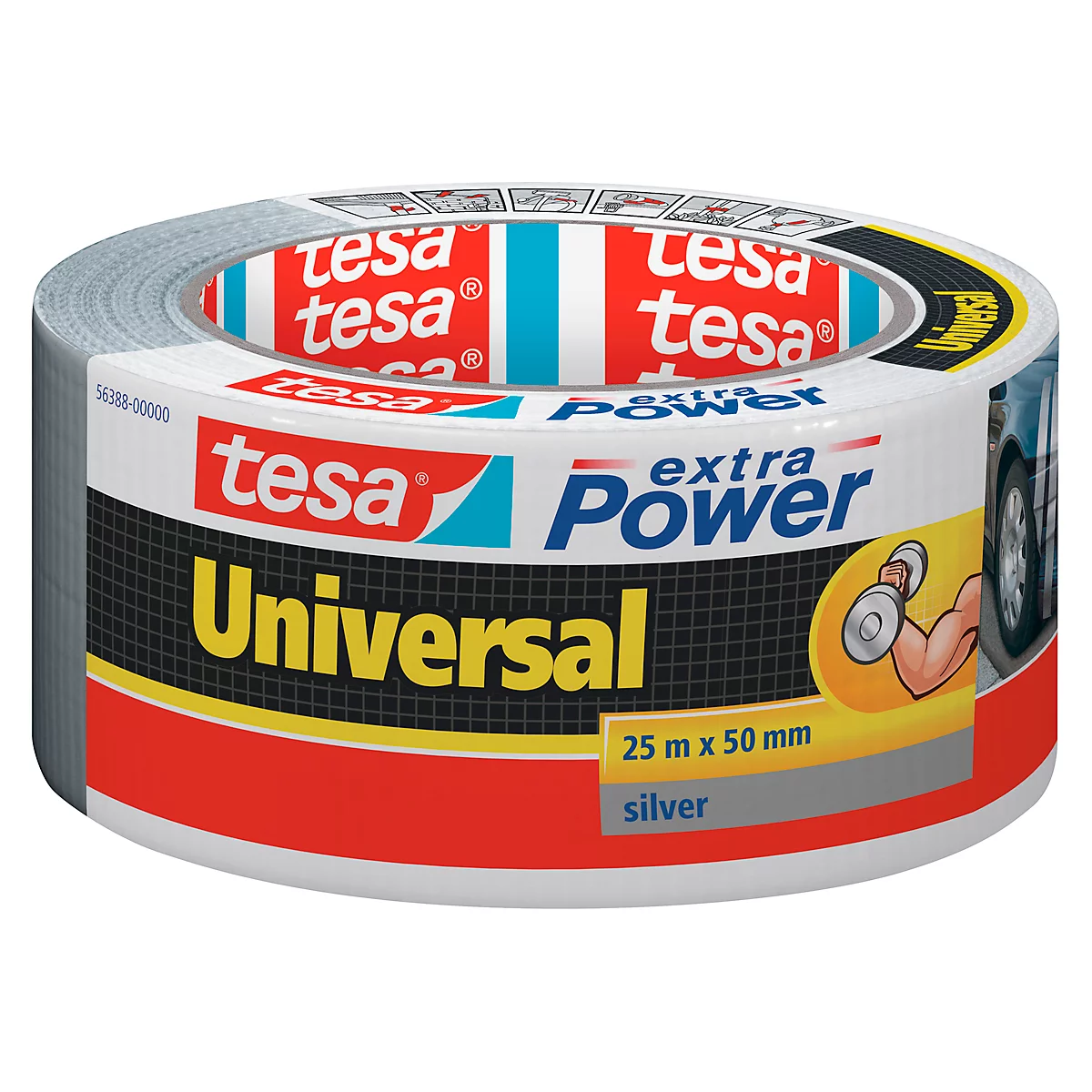 Roll of silver tesa extra Power Universal tape, with red and blue logo and product description.