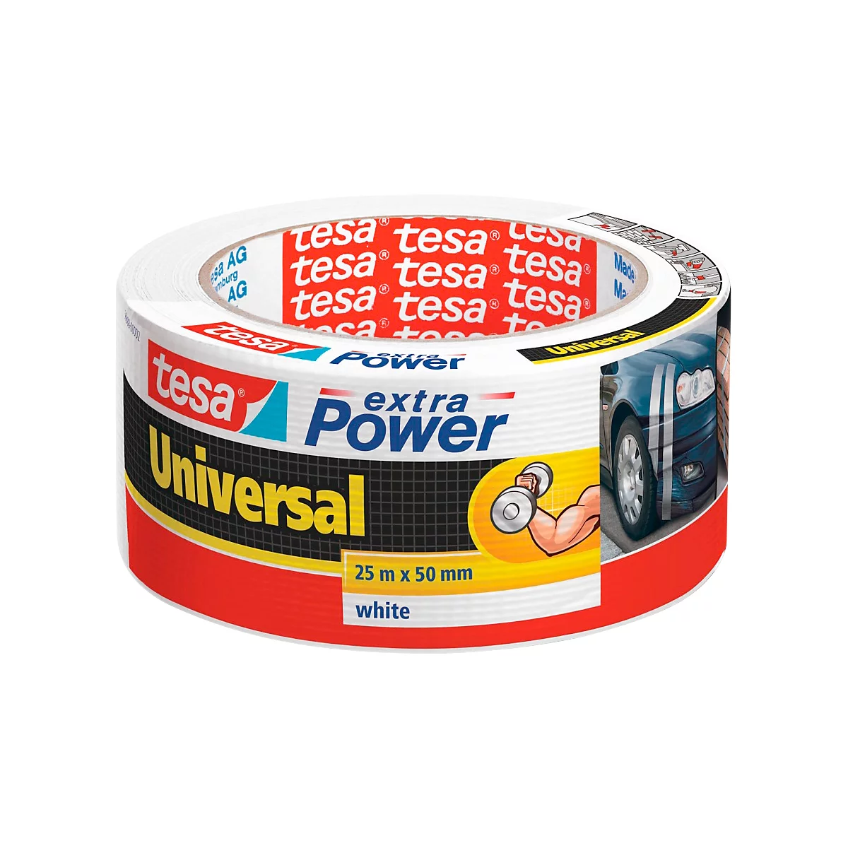 A roll of white tesa extra Power Universal tape. Inscription: tesa, extra Power, Universal. Print: 25m x 50mm, white.