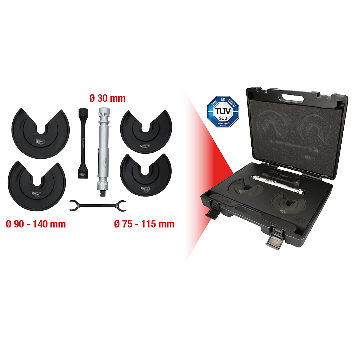 Werkzeug-Set für KFZ-Bremsen; schwarze Schutzplatten, Werkzeug in Koffer verstaut. Aufschriften: Ø 30 mm, Ø 90-140 mm, Ø 75-115 mm, TÜV.