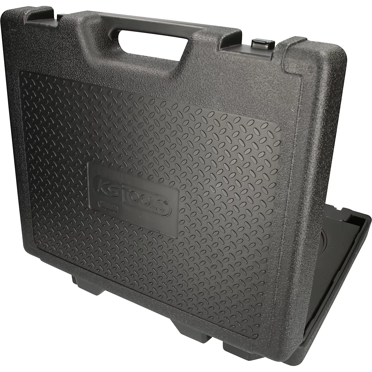 Schwarzer Werkzeugkoffer mit Griff, Prägung und KS TOOLS Logo.