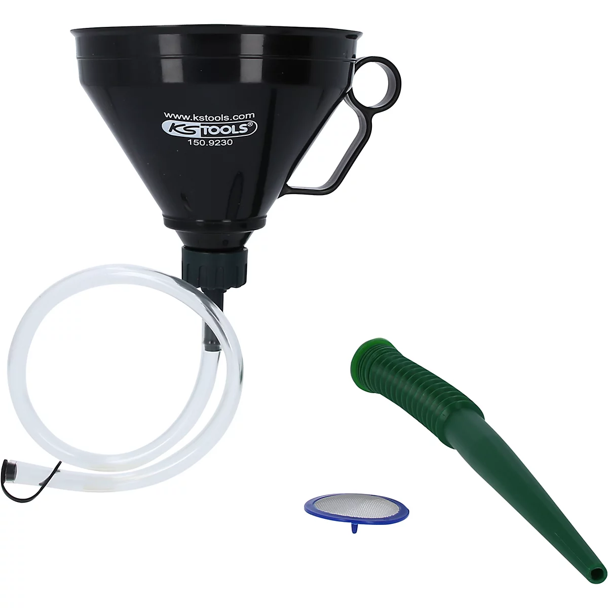 Schwarzer Trichter mit Griff und Schlauch, daneben grüner Ausgießer und Filter.
