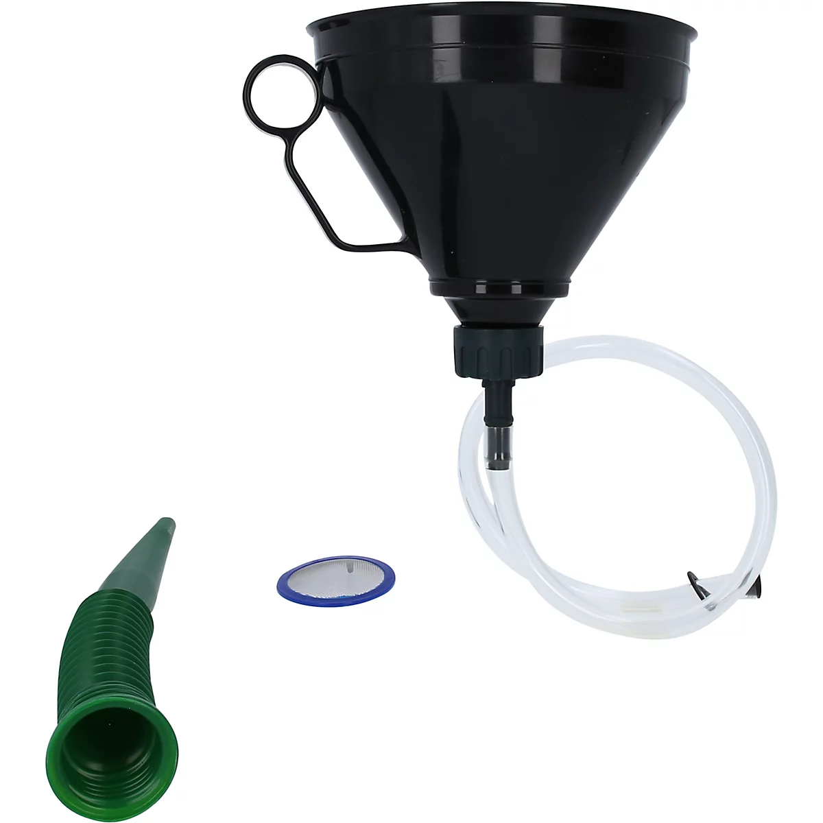 Schwarzer Trichter mit Griff und Schlauch, grüne Ausgießer und Filter. Werkzeug zum Umfüllen von Flüssigkeiten.