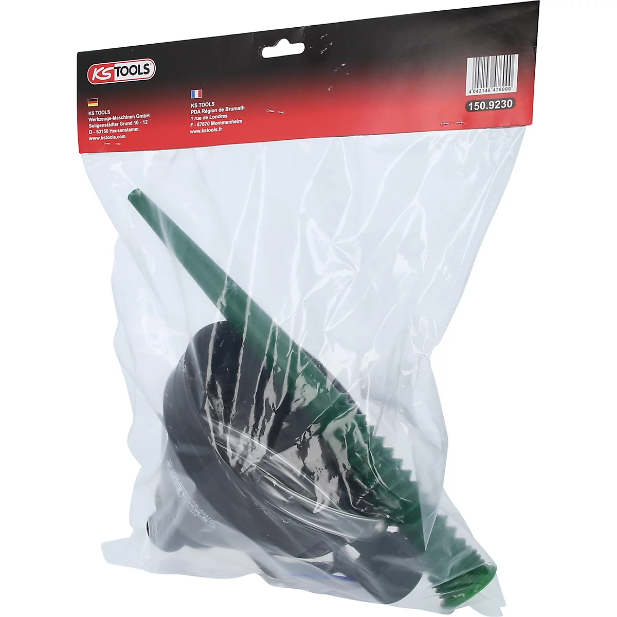 Ein Trichter-Set, verpackt in einer transparenten Plastiktüte. Aufgedruckte Logos und Produktinformationen.