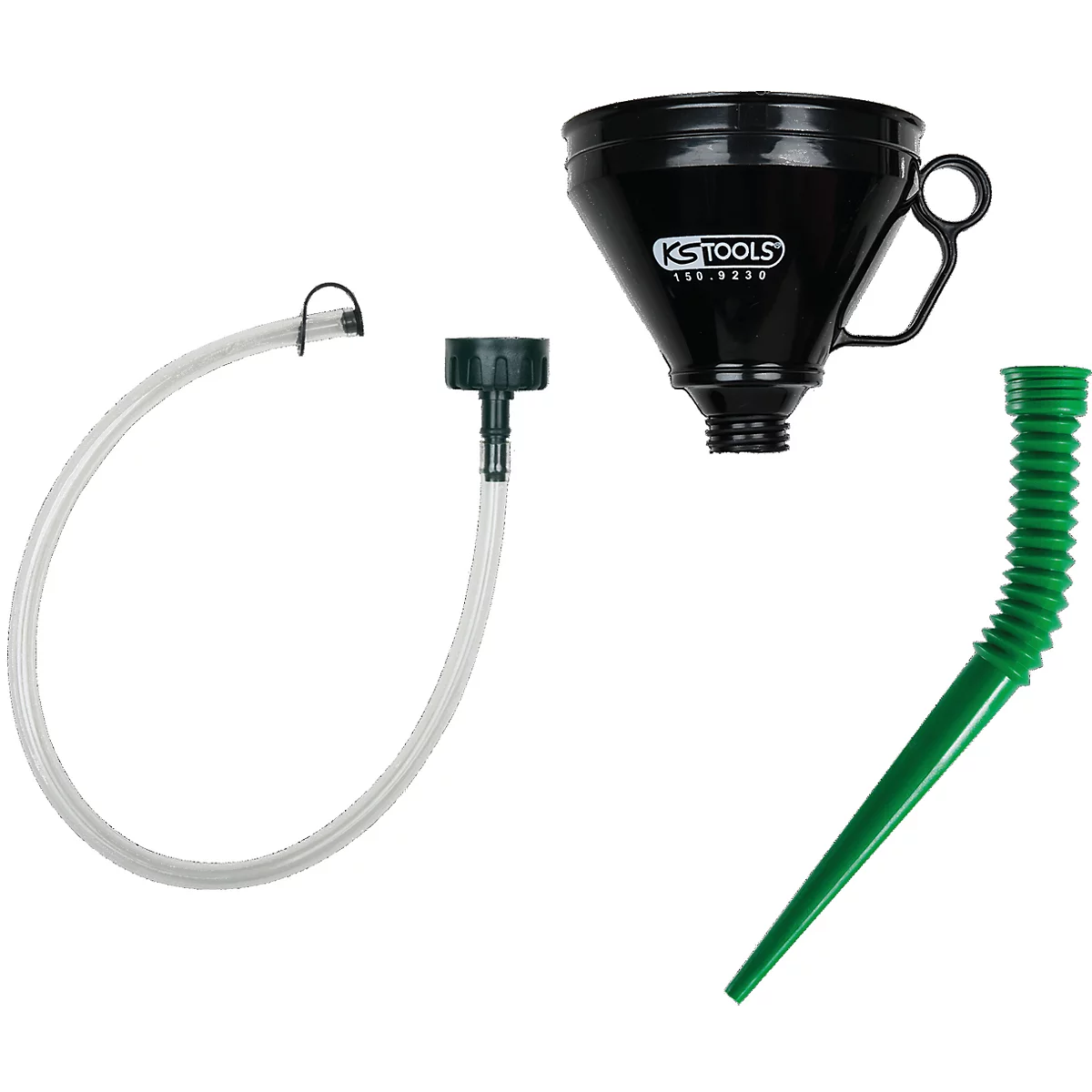 Ein schwarzer Trichter, eine flexible grüne Verlängerung und ein transparenter Schlauch mit dunklem Anschluss.