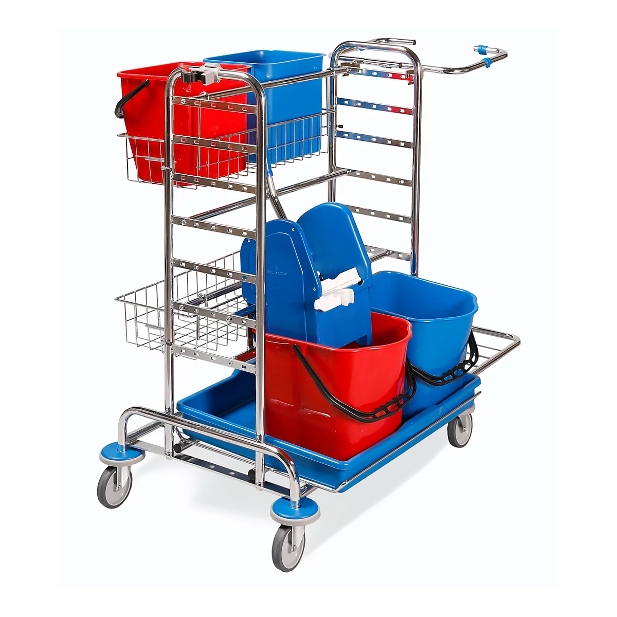 Metal cleaning cart with red, blue containers and mopping accessories, on wheels.