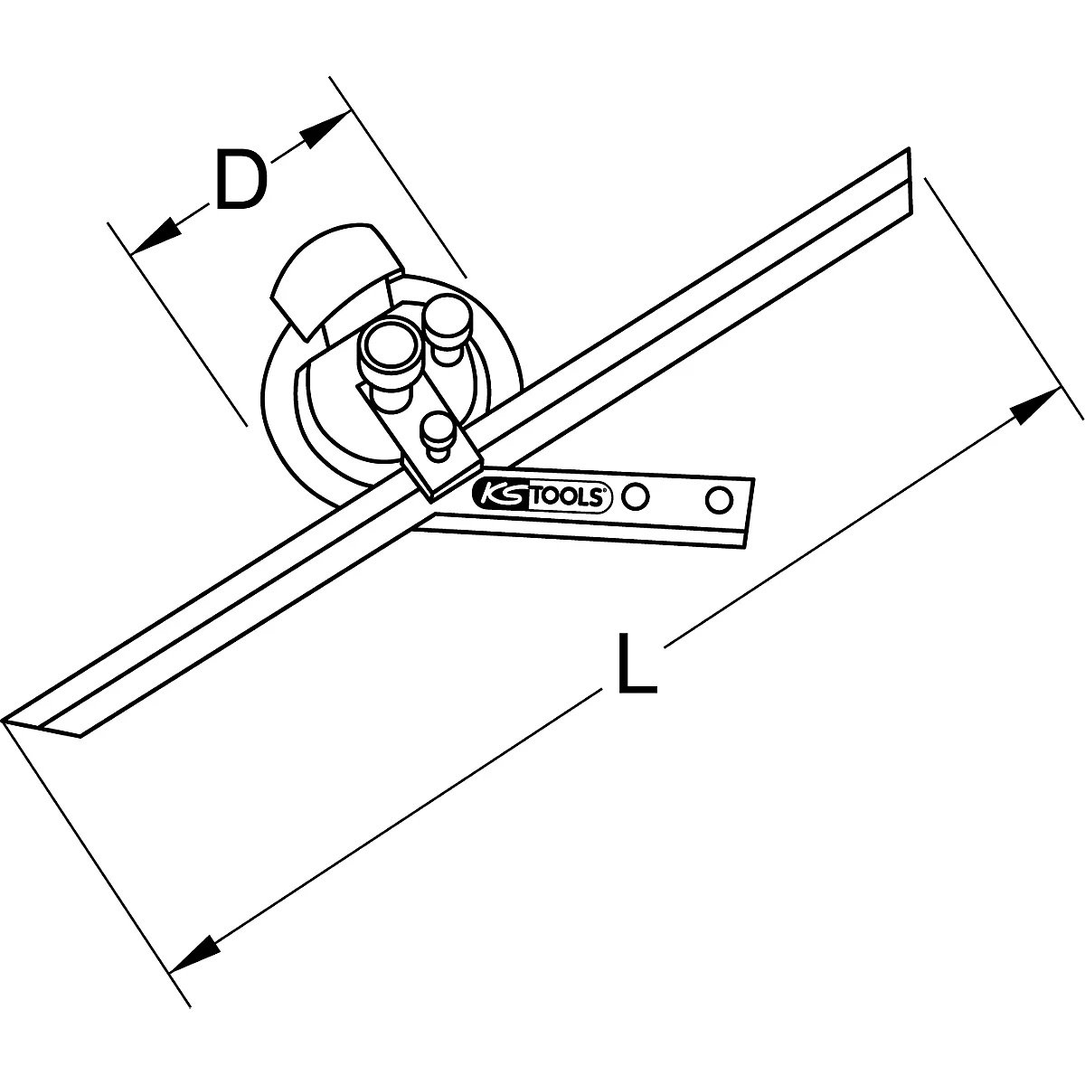 Zeichnung eines Winkelmessers mit Maßangaben L und D. Das Werkzeug trägt das KS Tools Logo.