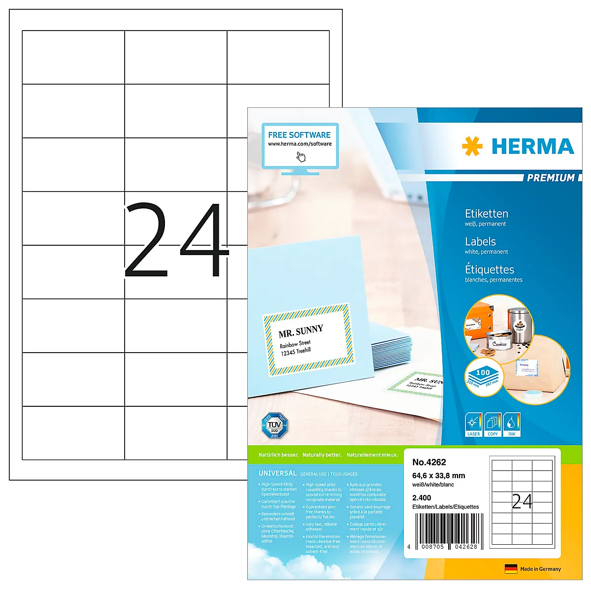 Etikettenbogen mit 24 Etiketten, daneben eine Packung Etiketten, sowie ein Flyer mit Produktinformationen.