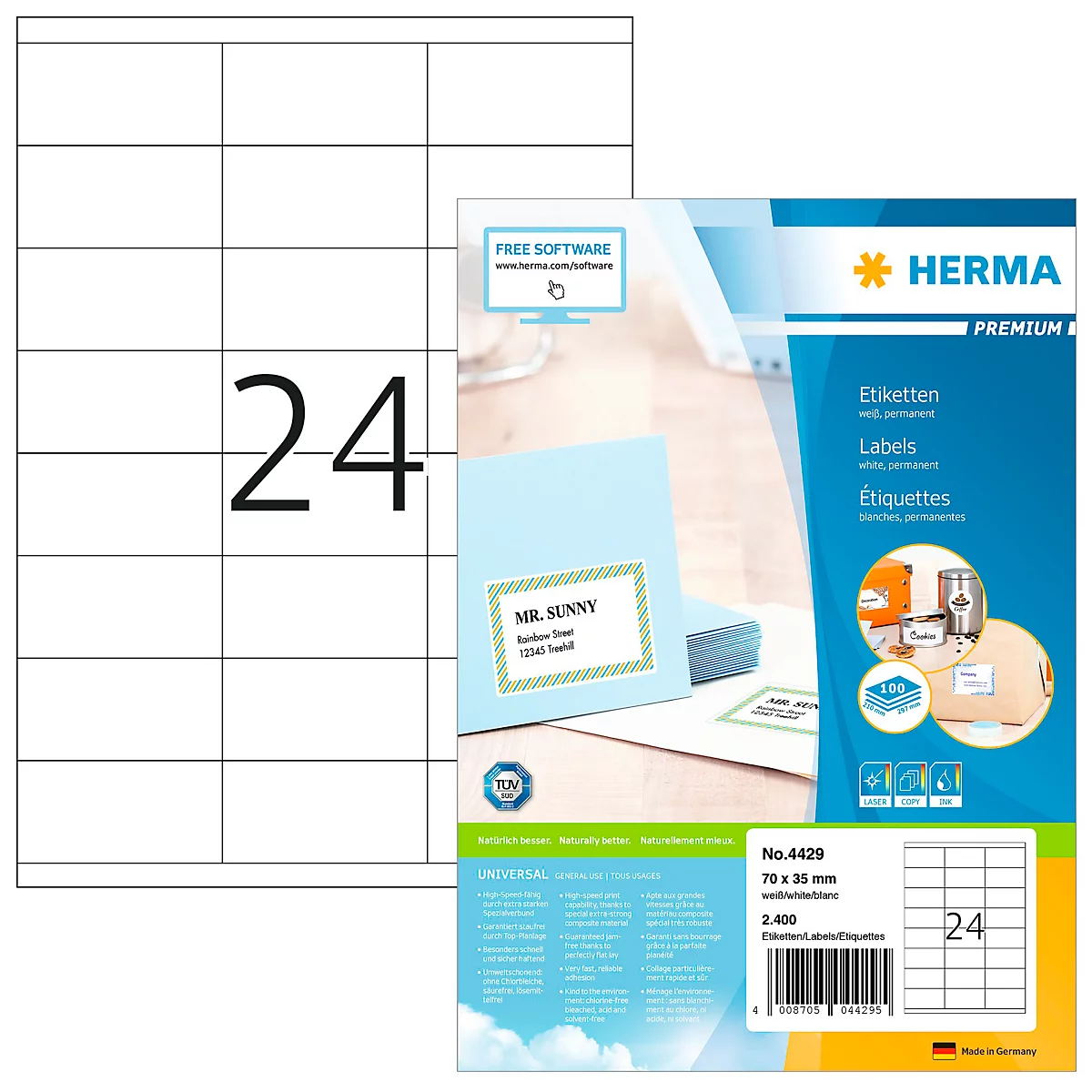 Aufkleber-Blatt mit 24 Feldern, daneben eine Packung Etiketten von Herma mit Aufdrucken und Anwendungshinweisen.