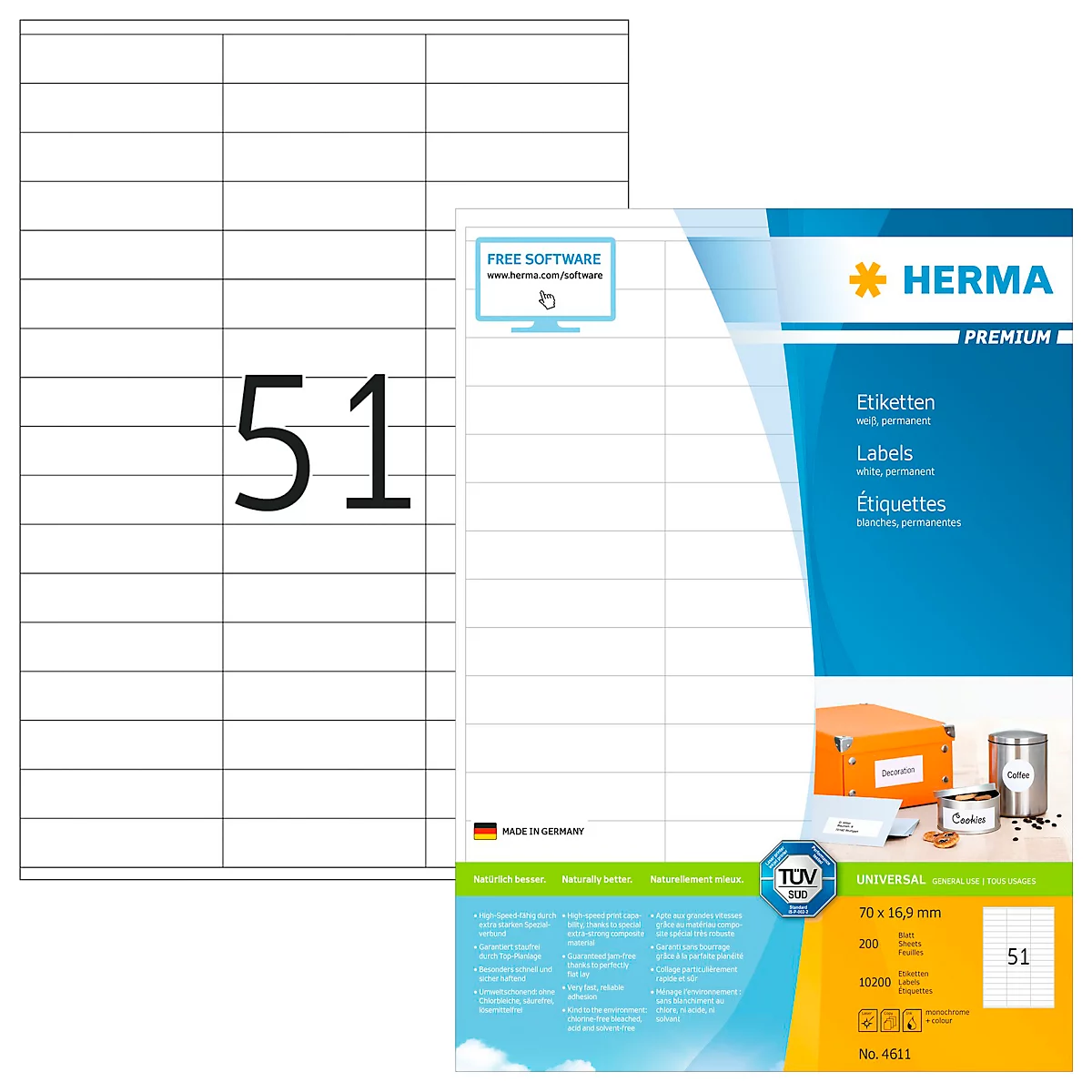 Etikettenblätter mit Produktinformationen; rechts Etikettenverpackung; links eine Reihe unbenutzter Etikettenblätter.
