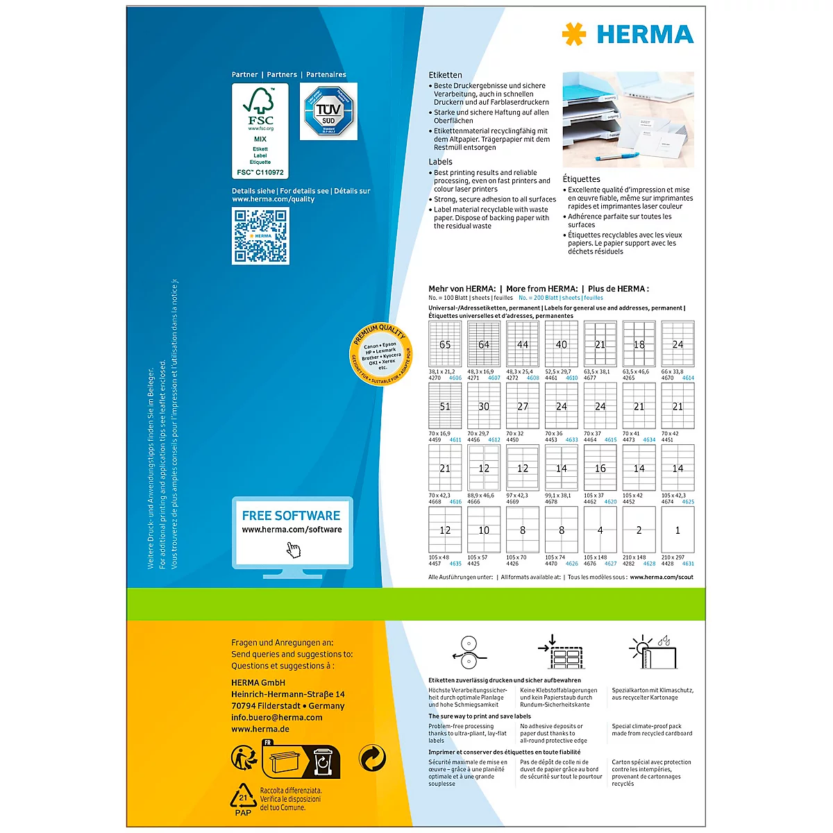 Werbeprospekt für Herma Etiketten, verschiedene Formate und Zertifizierungen. Hintergrund blau und grün, Logo.