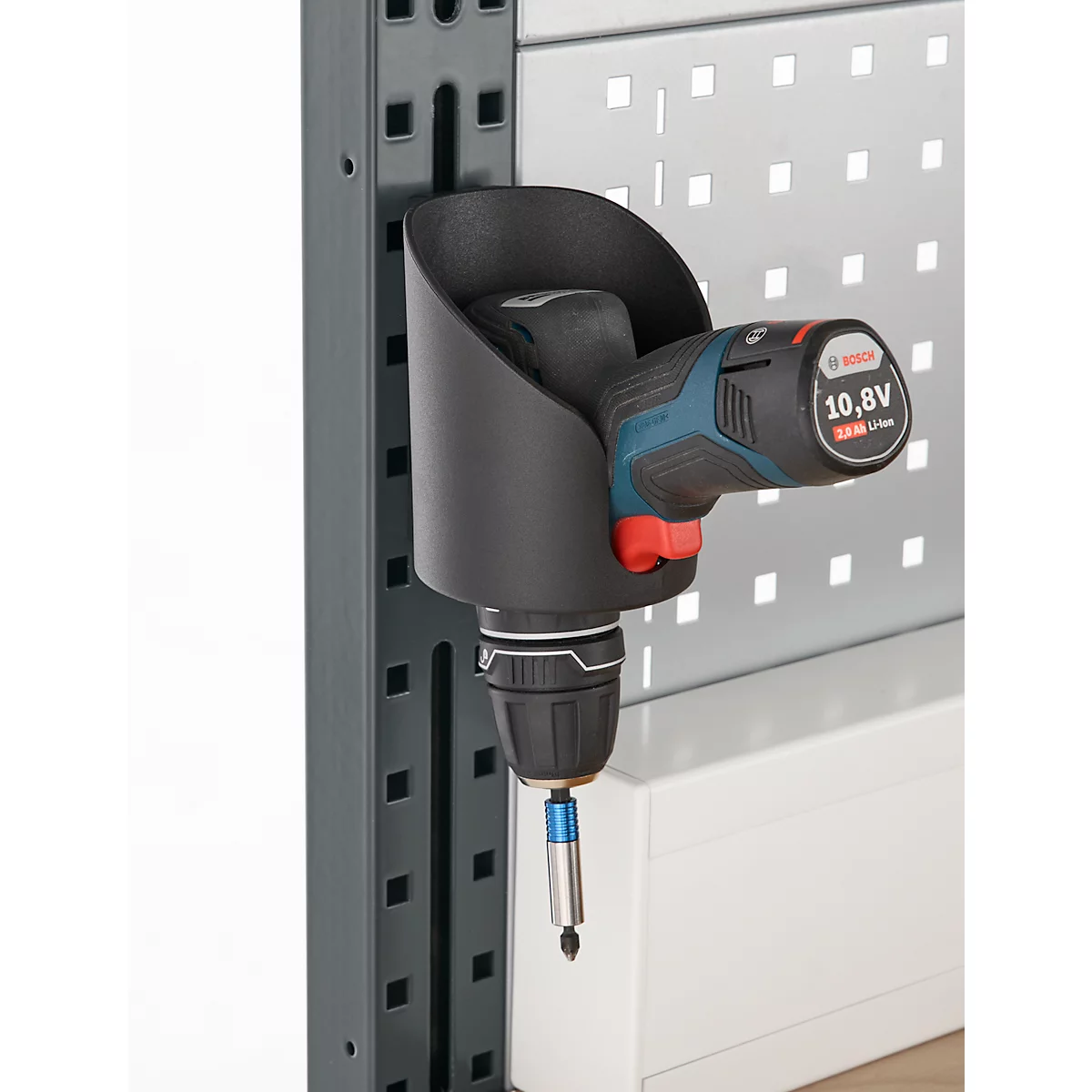 Universalhalter für Arbeitstische/Tischaufbauten AST31, offen, bis 5 kg, Kunststoff, schwarz