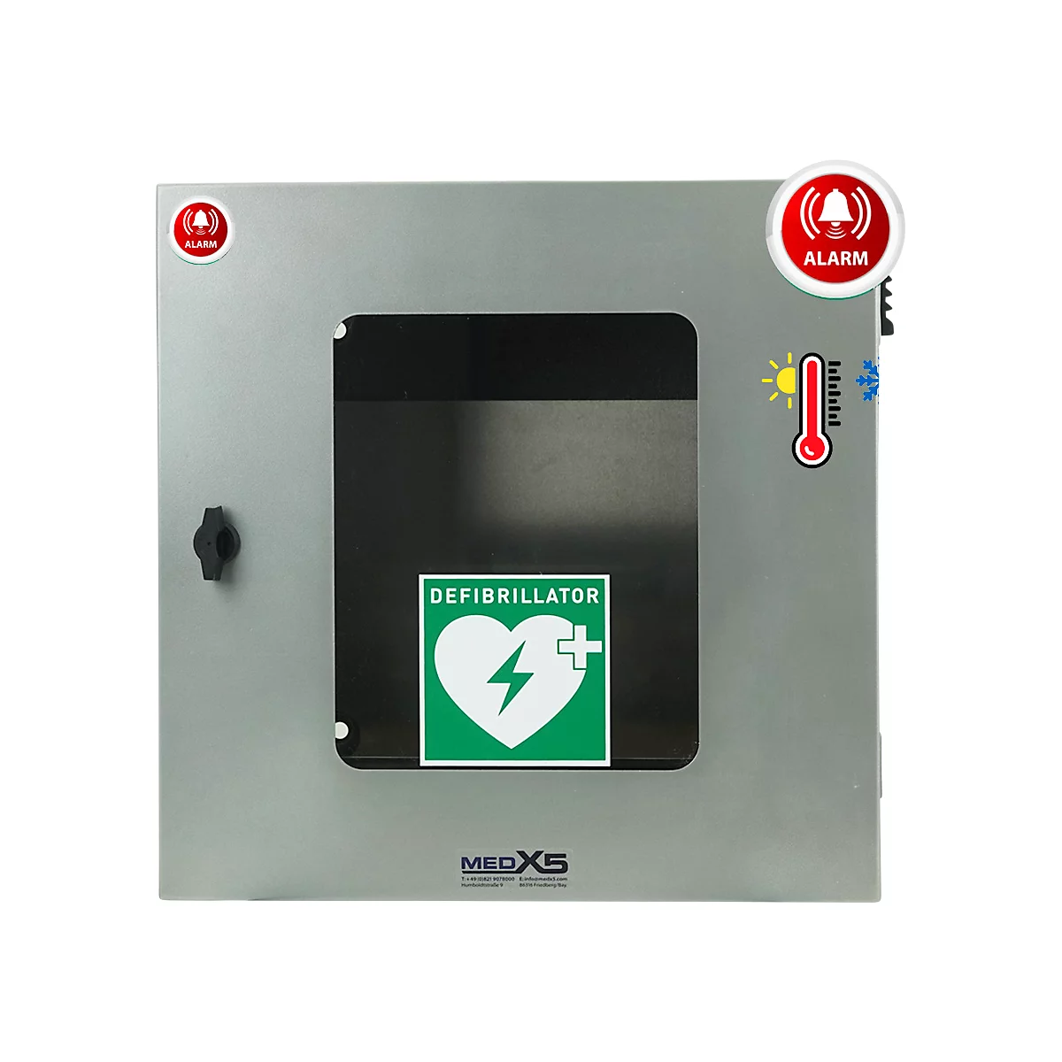 Universele defibrillator buitenwanddoos, geklimatiseerd, verlicht met alarm, IP54, B 400 mm x D 200 mm x H 400 mm