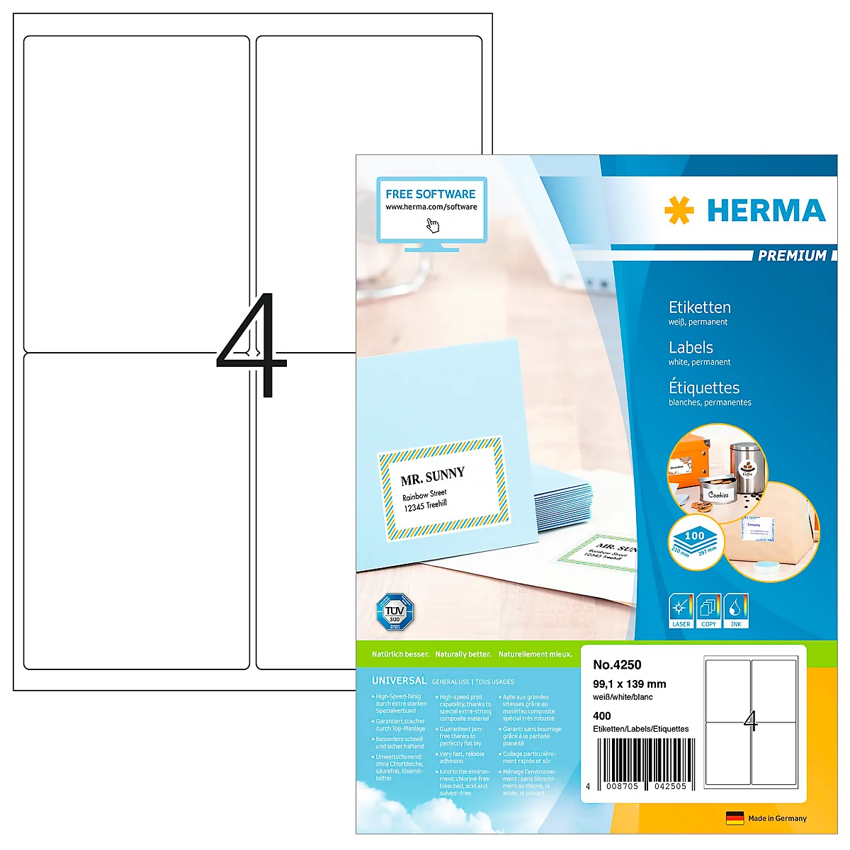 Productpresentatie met Herma-etiketten. Blauwe, groene en witte elementen domineren de afbeelding, tekst in verschillende formaten, logo's en graphics.