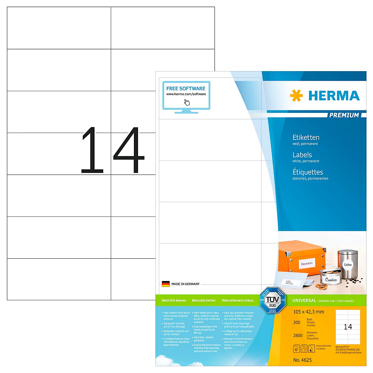 Herma product flyer met productinformatie en verschillende etikettenformaten op een blauw-gele achtergrond.